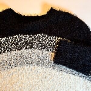 SO Black White Striped Fuzzy Knit Sweater Women's Large Oversized Cozy